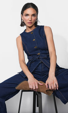 Clarence Button Up Denim Vest w/ Belt