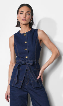 Clarence Button Up Denim Vest w/ Belt