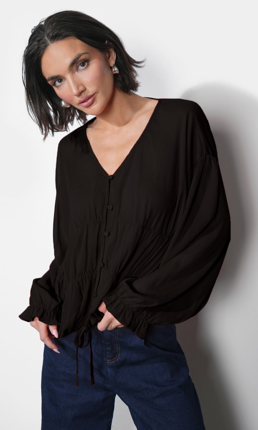 Lainey Flowy Button Front Black Blouse | Greylin