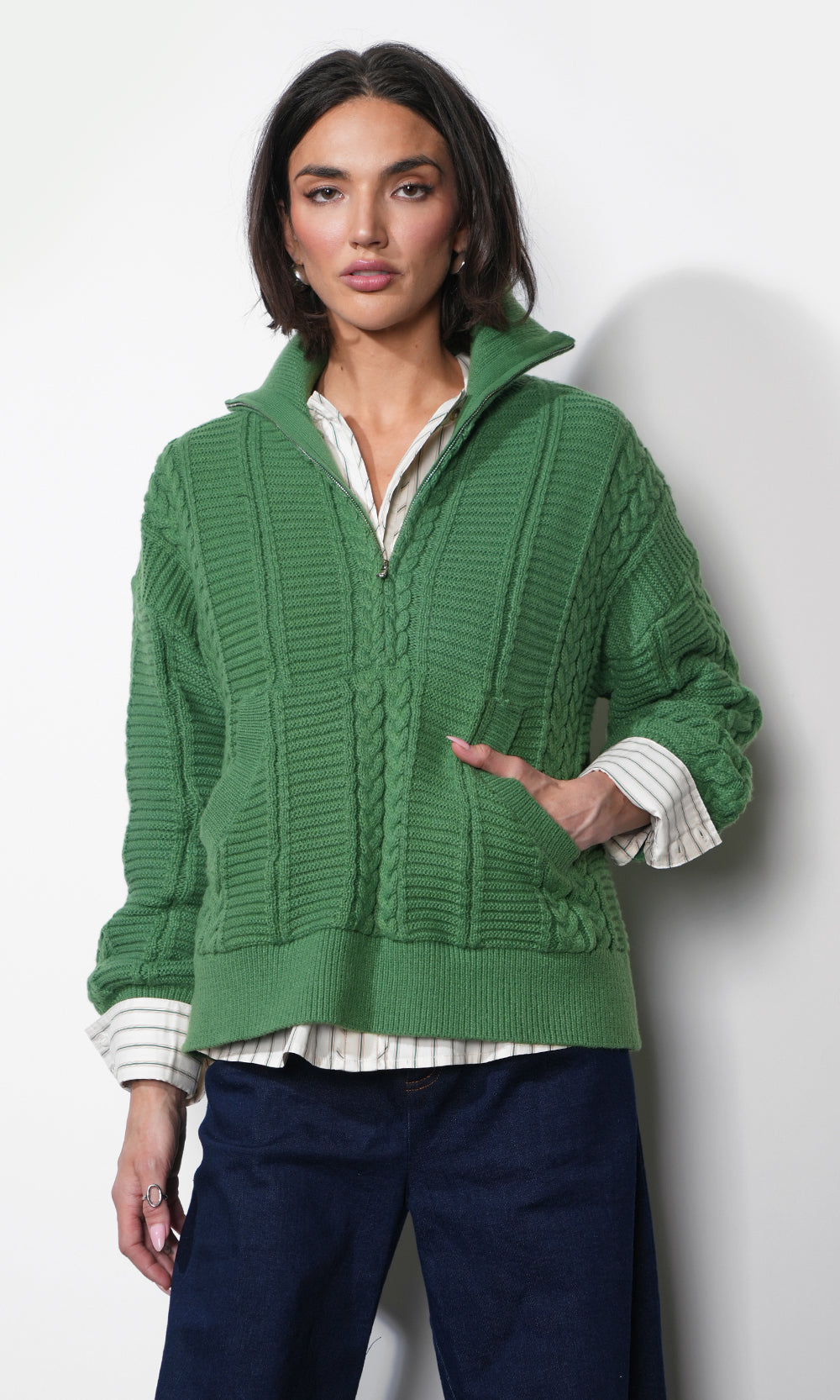 Mila Half Zip Up Cable Knit Sweater | Greylin