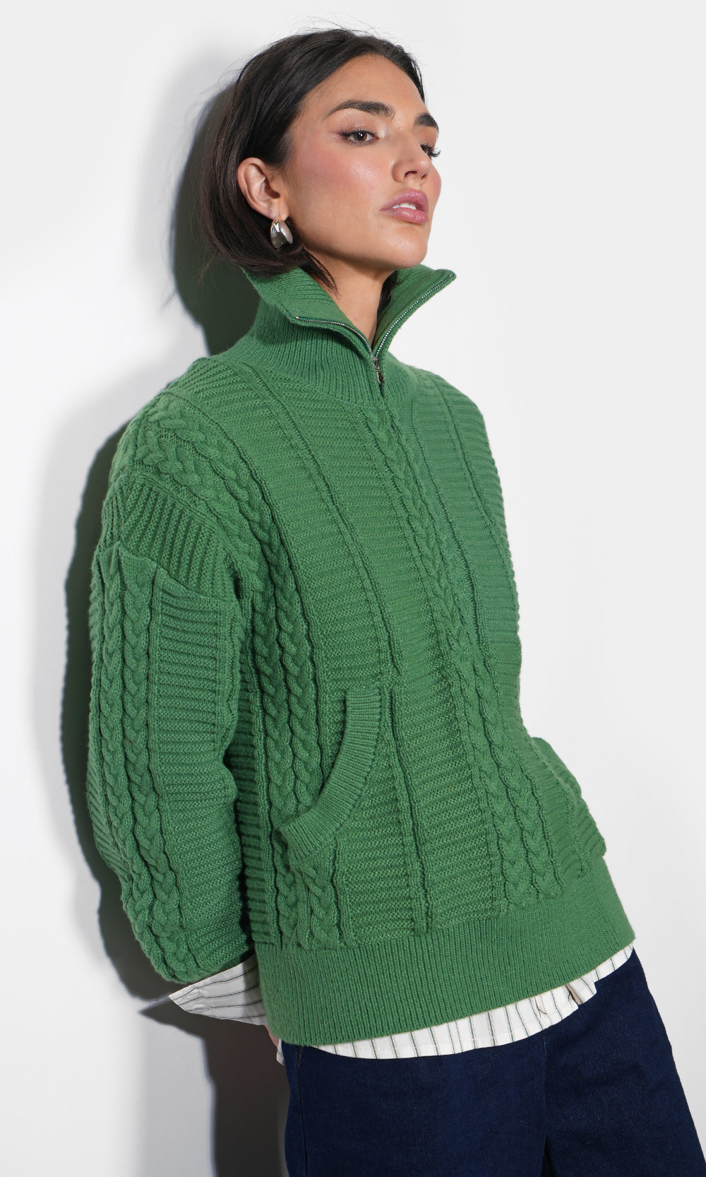 Mila Half Zip Up Cable Knit Sweater | Greylin
