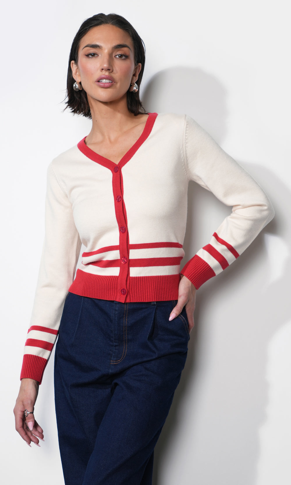 Piper Plunge Neck Stripe Button Front Knit Top