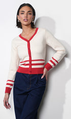 Piper Plunge Neck Stripe Button Front Knit Top
