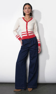 Piper Plunge Neck Stripe Button Front Knit Top