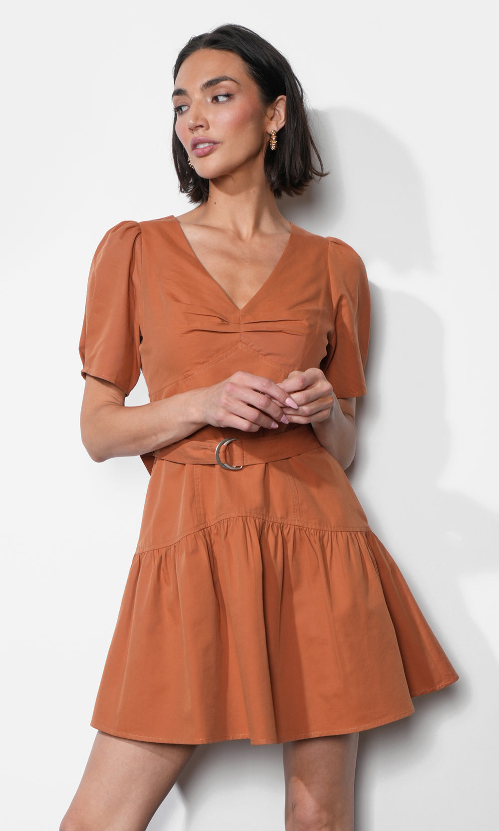 Hayden Puff Sleeve Belted Flare Dress | Greylin XS / CLAY Hayden Puff Sleeve Belted Flare Dress | Greylin XS / CLAY