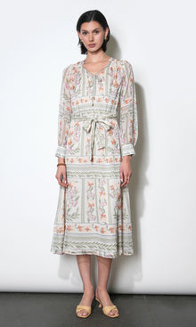 Reese Flowy Scarf Print Midi Dress w/Tie Belt