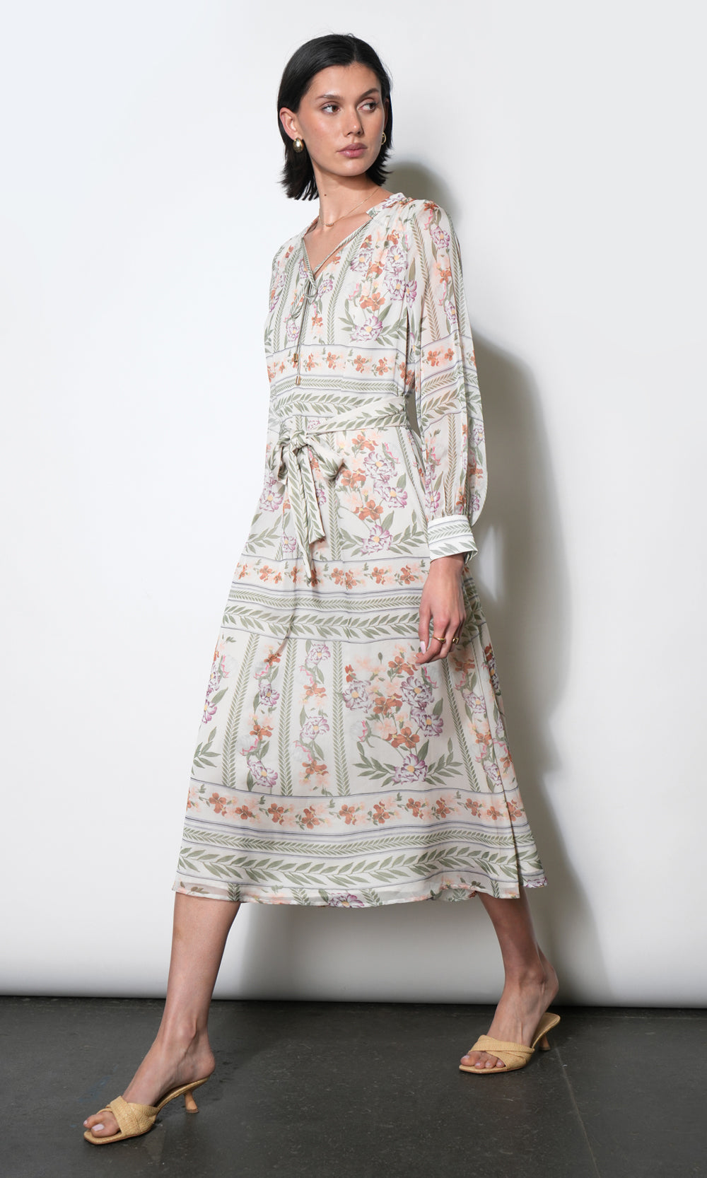 Reese Flowy Scarf Print Midi Dress w/Tie Belt