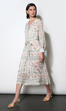 Reese Flowy Scarf Print Midi Dress w/Tie Belt