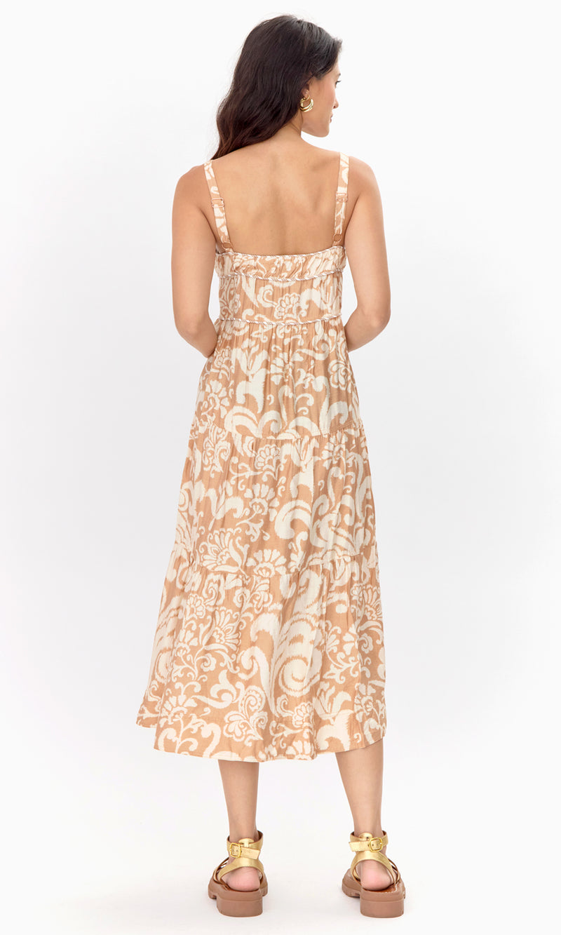 Sita Print Tiered Midi Dress with Piping Detail