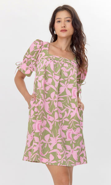Vienna Print Square Neck Mini Dress with Tie Sleeve