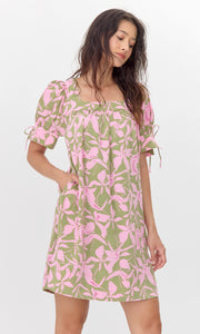 Vienna Print Square Neck Mini Dress with Tie Sleeve