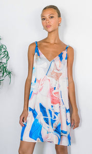 Angelique Watercolor Print Knot Shoulder Slip Mini Dress