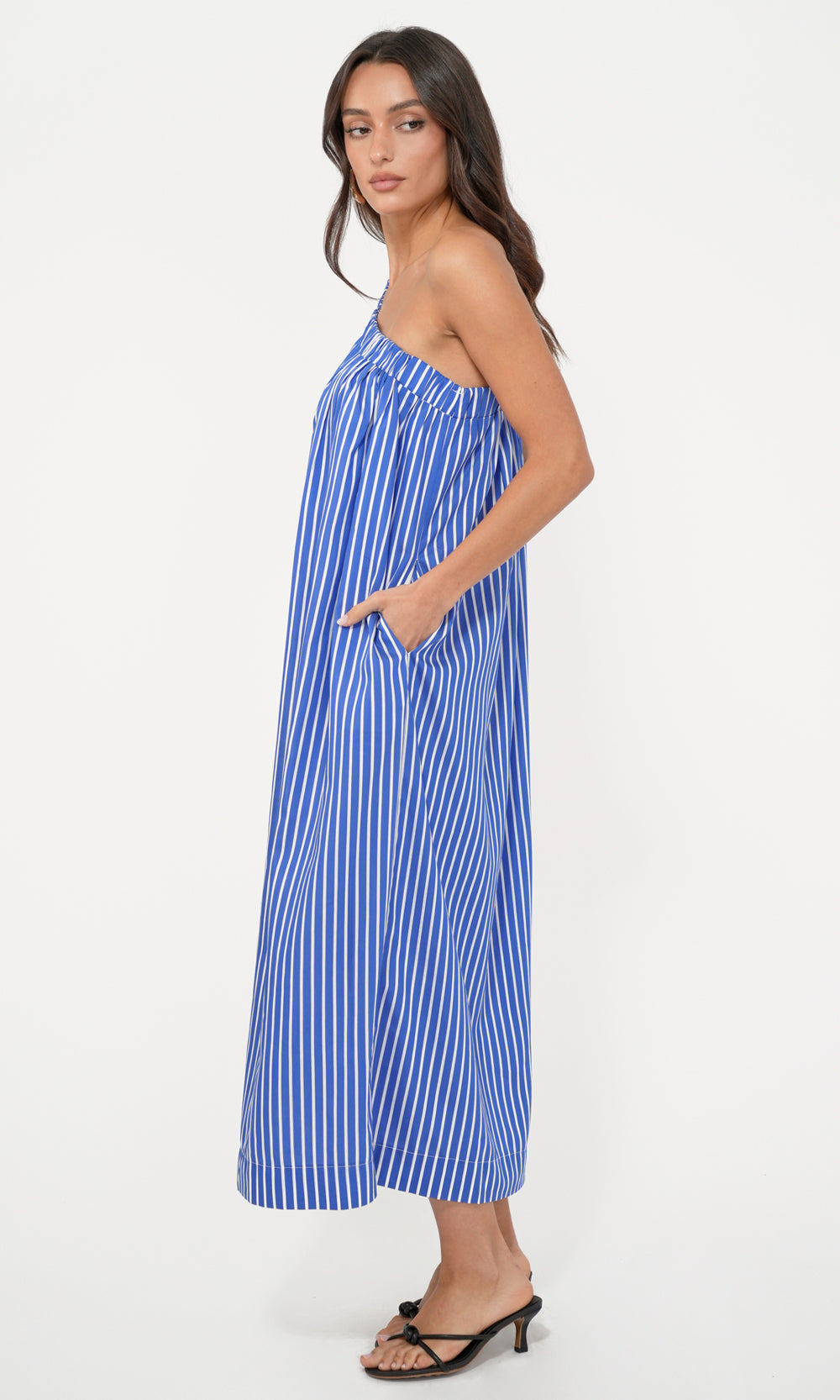one shoulder blue striped dress BLUE STRIPE PRINT ONE SHOULDER COWL DRESS 12
