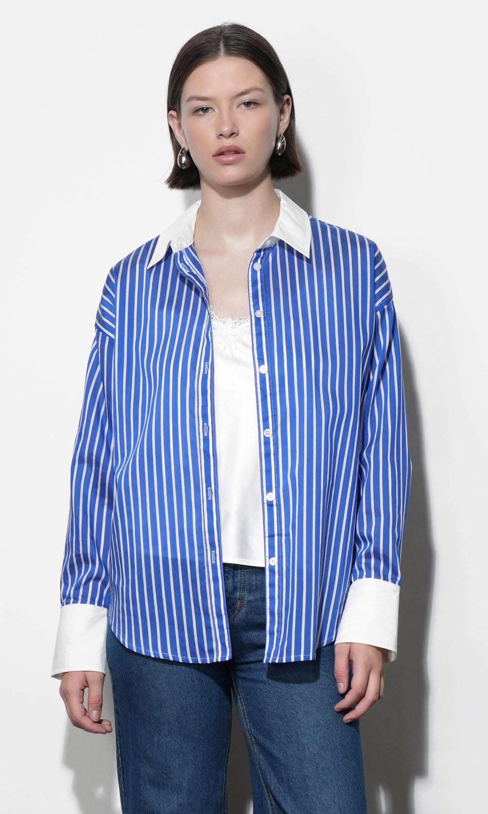 Geneviv Oversized Bold Stripe Shirt w/ Contrast Cuff
