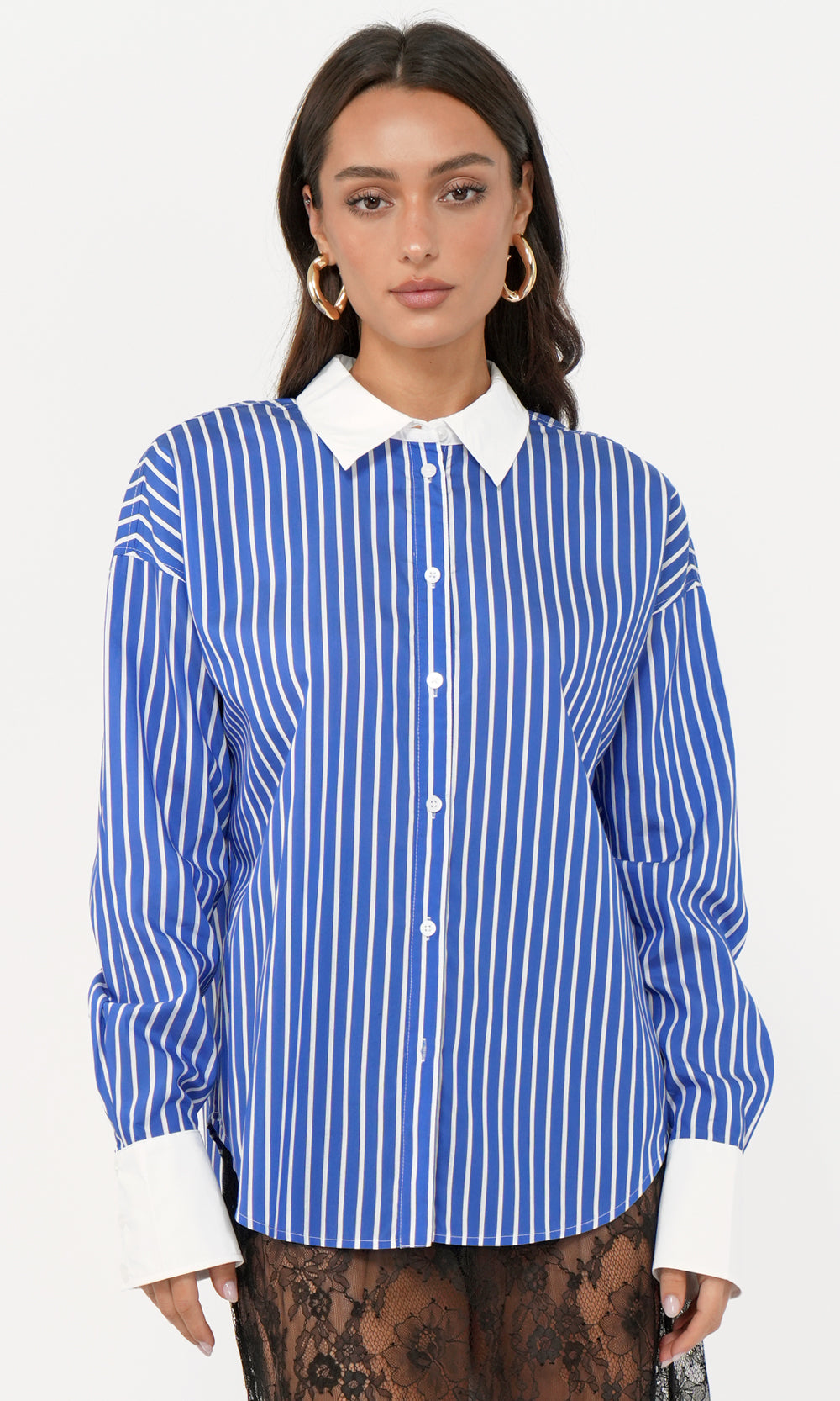 Geneviv Oversized Bold Stripe Shirt w/ Contrast Cuff | Greylin