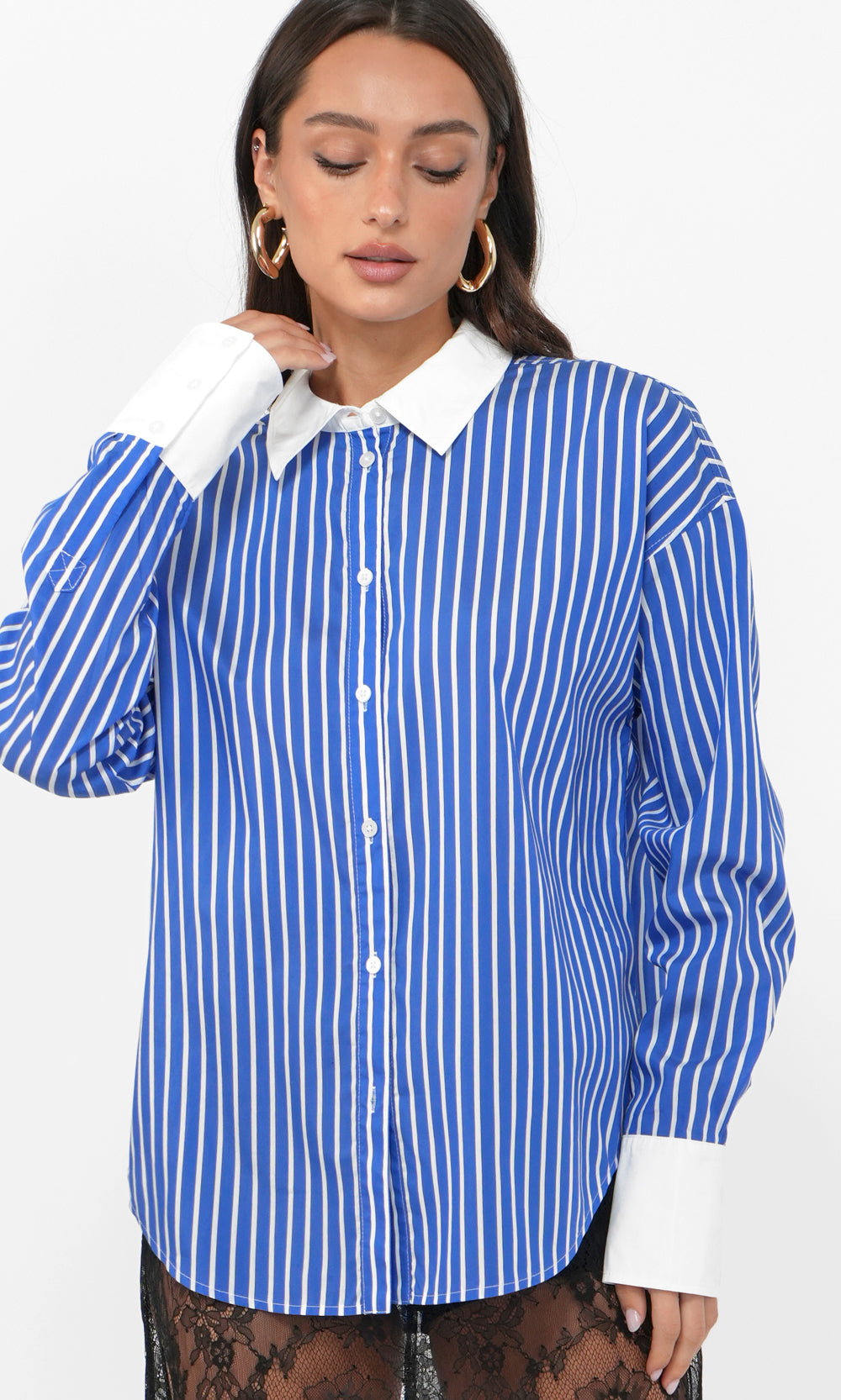 Geneviv Oversized Bold Stripe Shirt w/ Contrast Cuff | Greylin