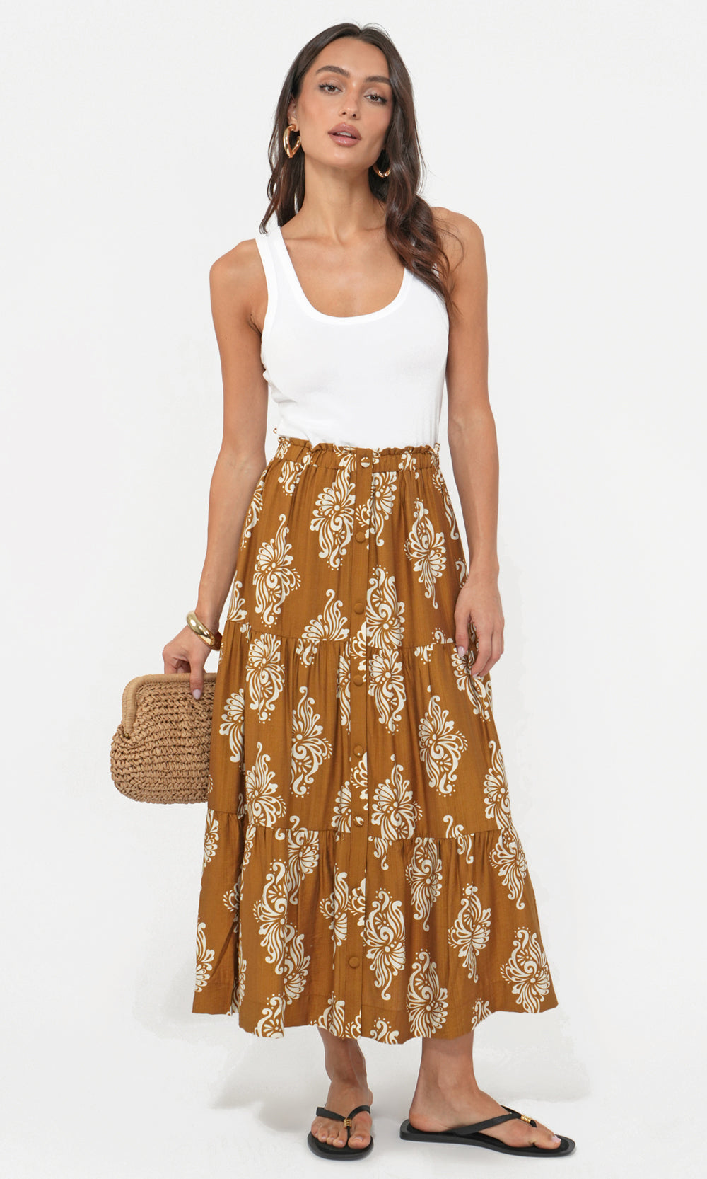 Marcy Print Tiered Midi Skirt