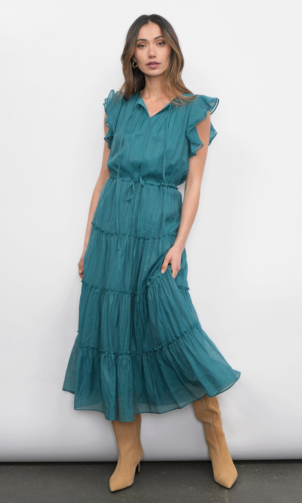 Yvonne Textured Flutter Sleeve Tiered Midi Dress | Greylin Collection Yvonne Textured Flutter Sleeve Tiered Midi Dress | Greylin Collection