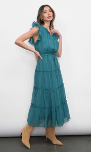 Yvonne Textured Flutter Sleeve Tiered Midi Dress w/ Drawstring