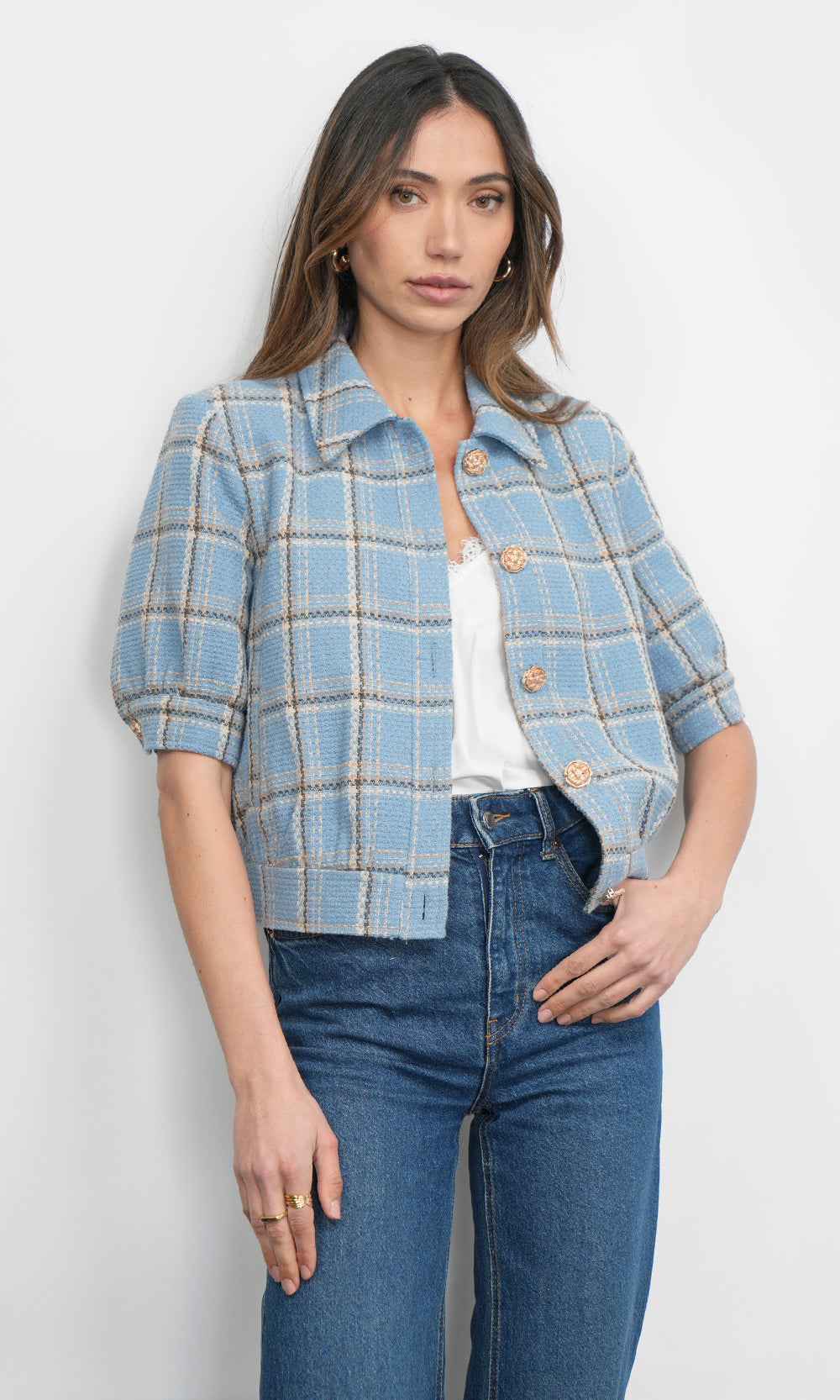 Joanne Short Sleeve Tweed Plaid Jacket | Greylin Collection