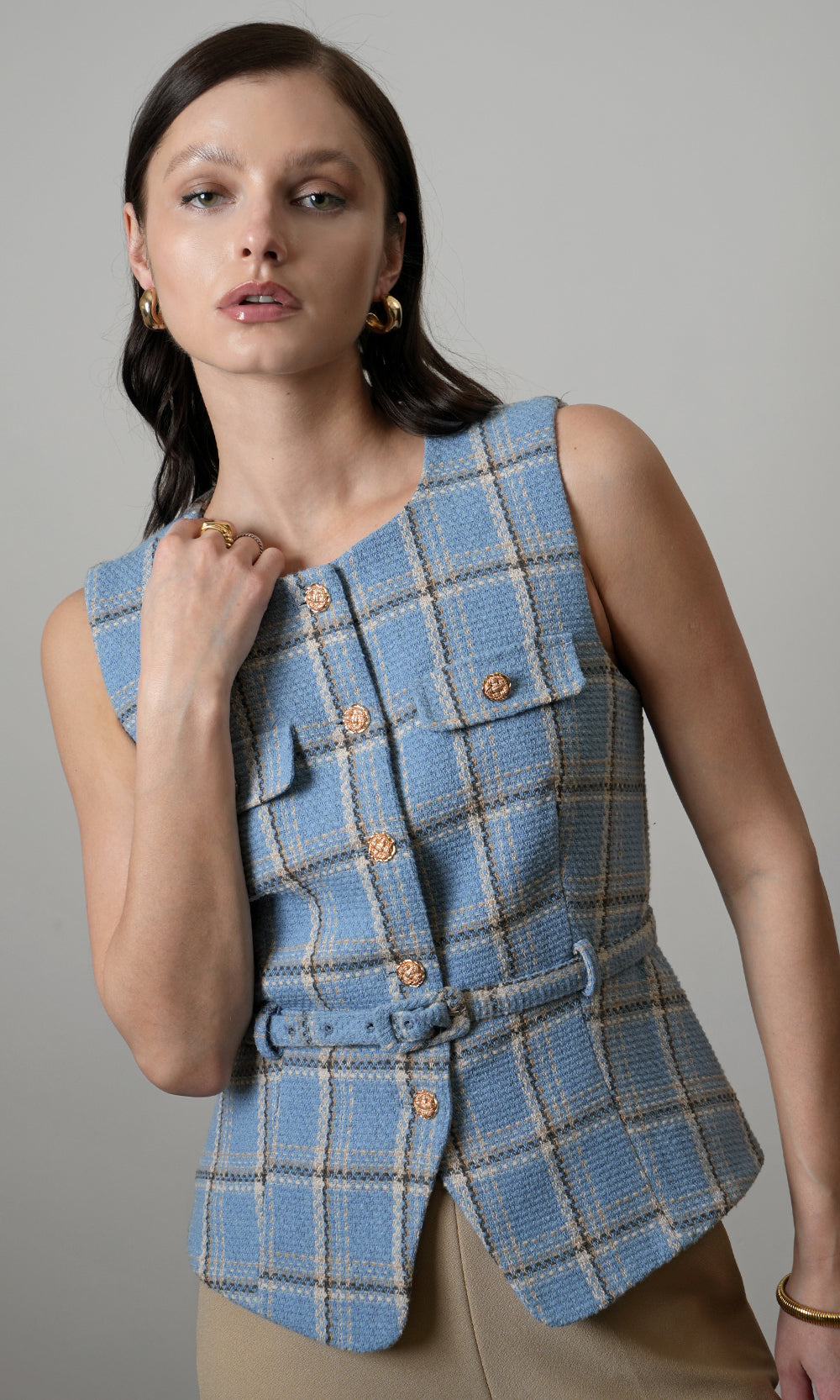Sloane Belted Plaid Vest | Greylin Collection