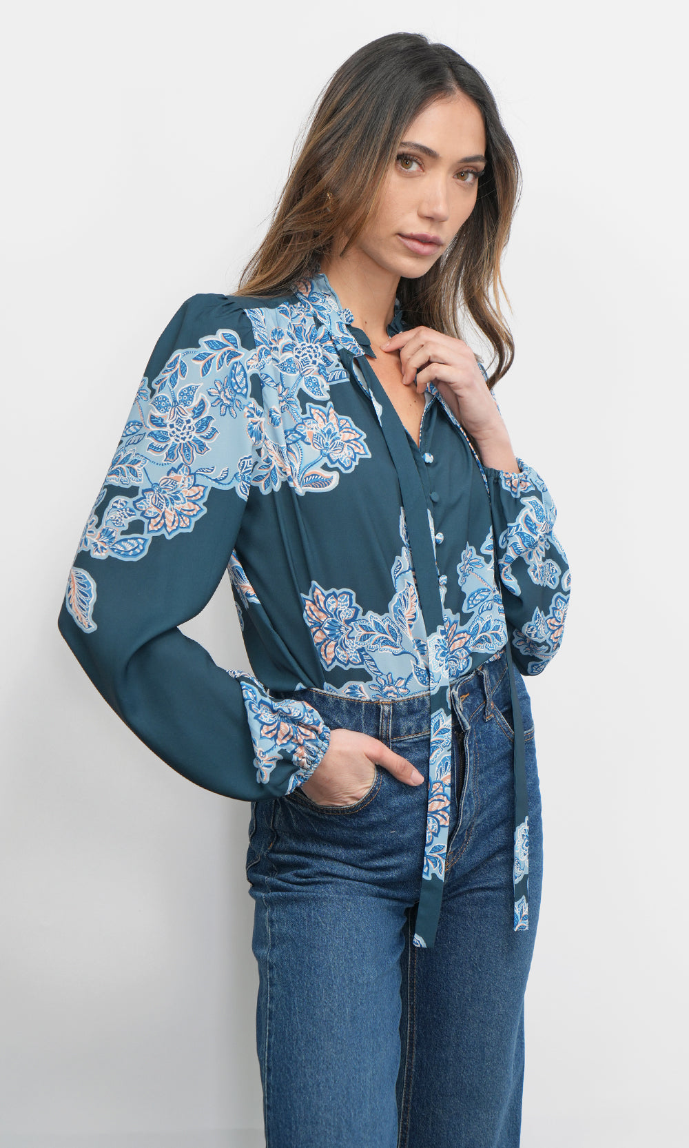 Cierra Button Up Tie Neck Blouse | Greylin Collection