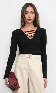 Maxwell Lace Up V-Neck Black Knit Top