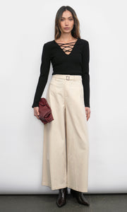 Maxwell Lace Up V-Neck Black Knit Top