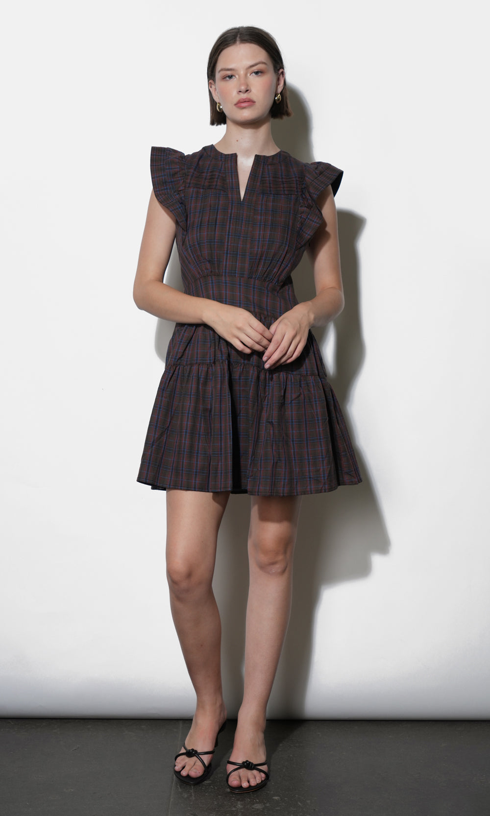 Marlo Plaid Ruffle Sleeve Mini Dress Marlo Plaid Ruffle Sleeve Mini Dress