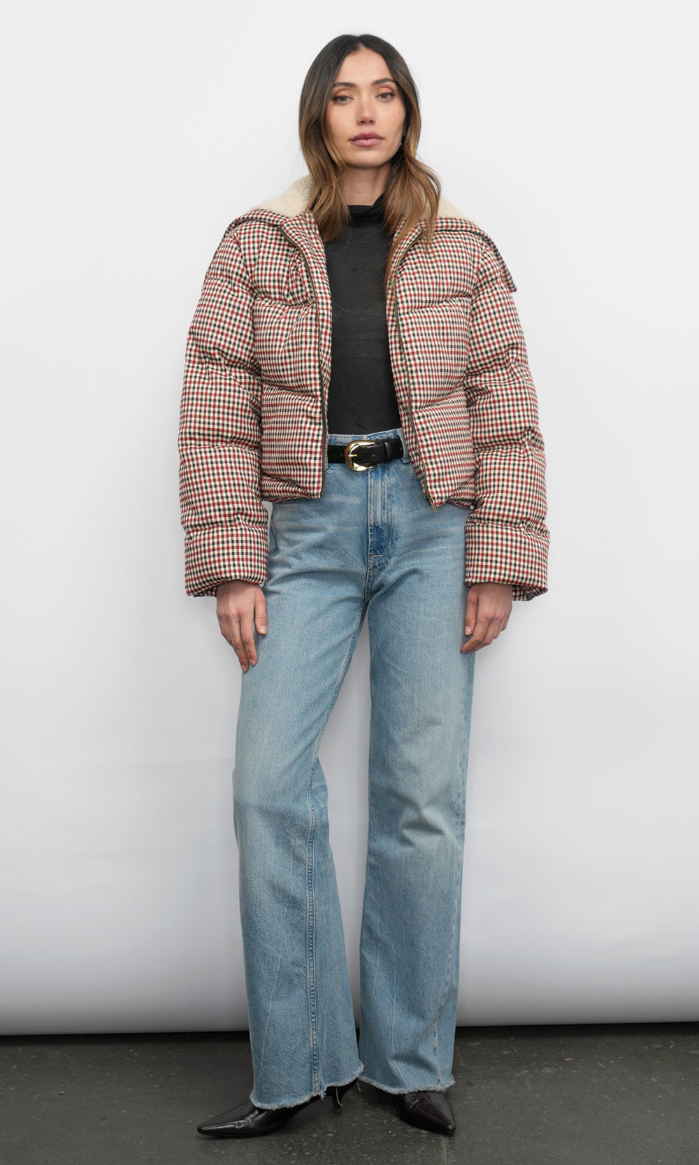 Sally Gingham Puffer w/ Shearling Collar | Greylin Collection