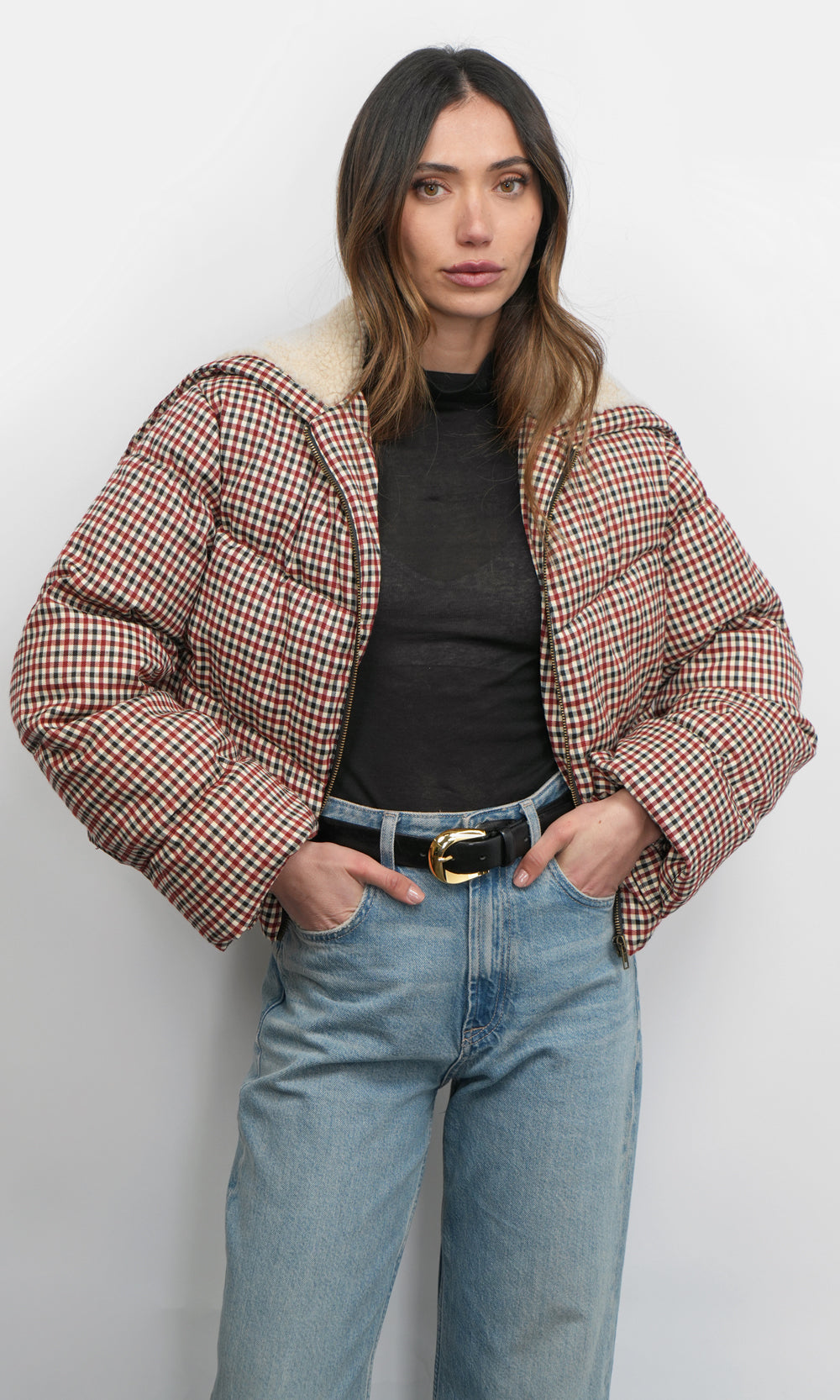 Sally Gingham Puffer w/ Shearling Collar