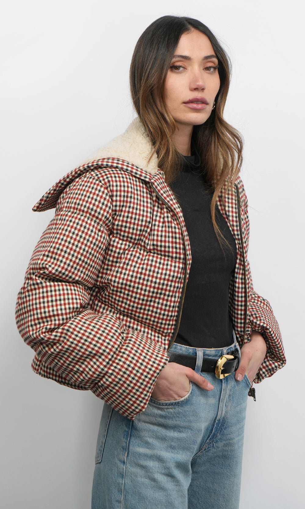 Sally Gingham Puffer w/ Shearling Collar | Greylin Collection