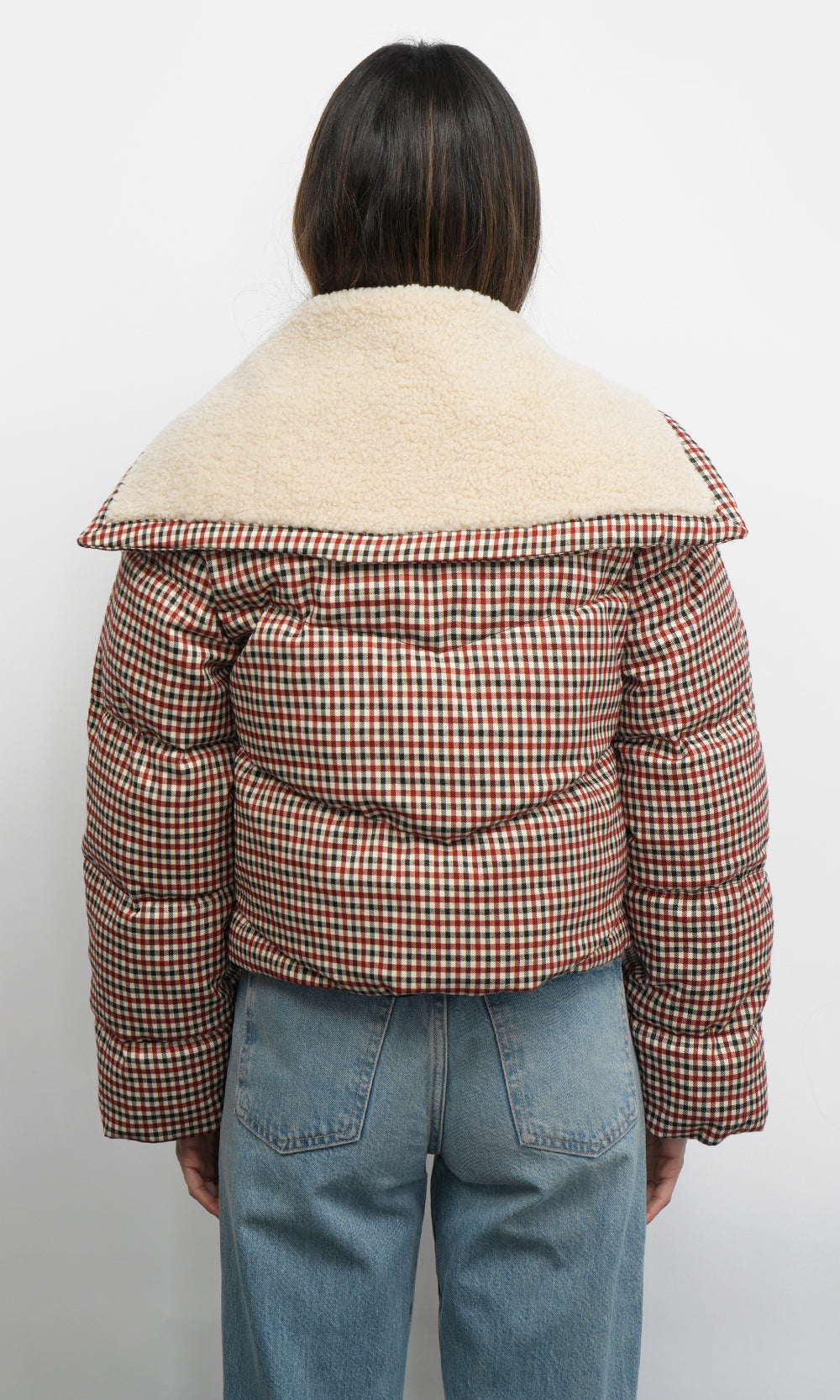Sally Gingham Puffer w/ Shearling Collar