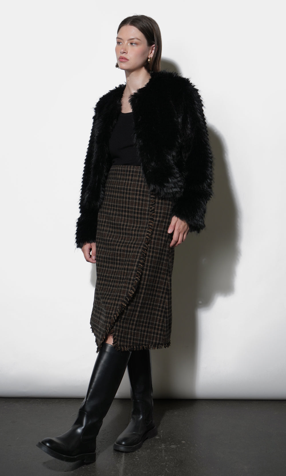 Brighton Asymmetric Plaid Fringe Skirt Midi Skirt | Greylin Collection