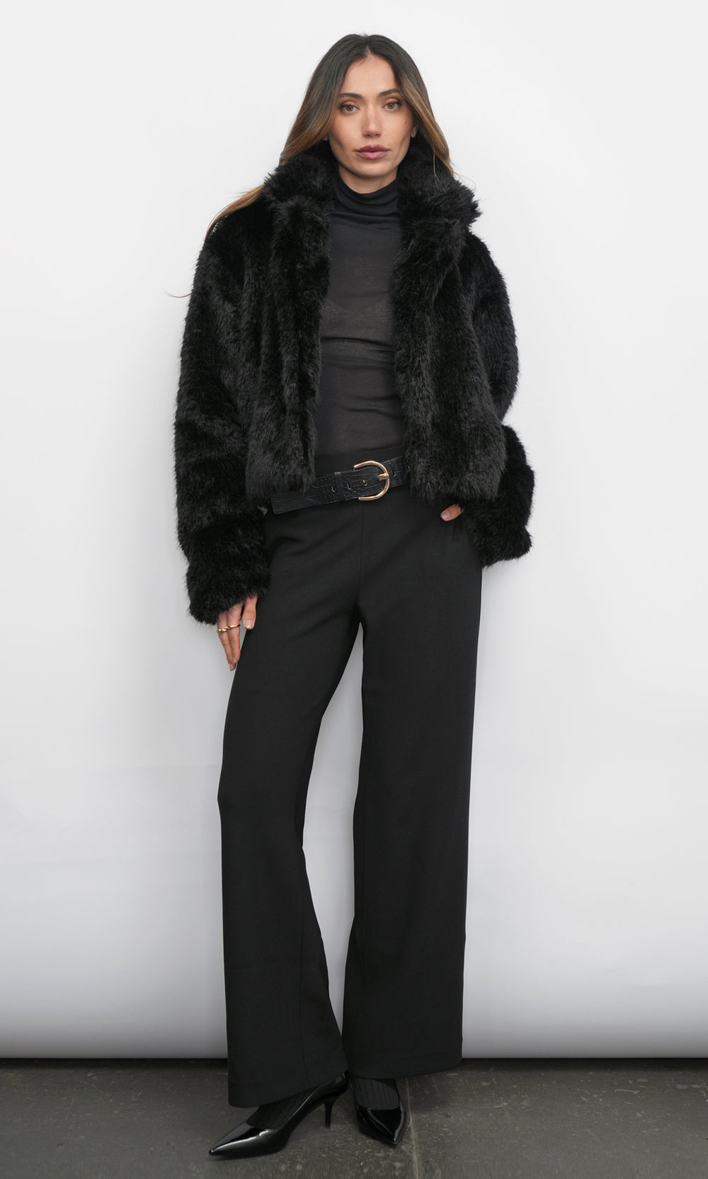 Maddox Shaggy Faux Fur Cropped Black Coat | Greylin Collection