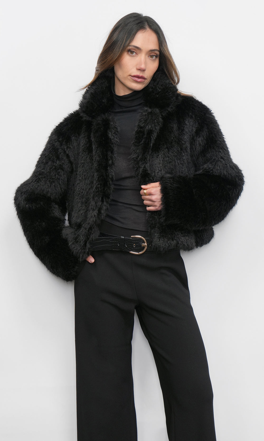 Maddox Shaggy Faux Fur Cropped Black Coat | Greylin Collection