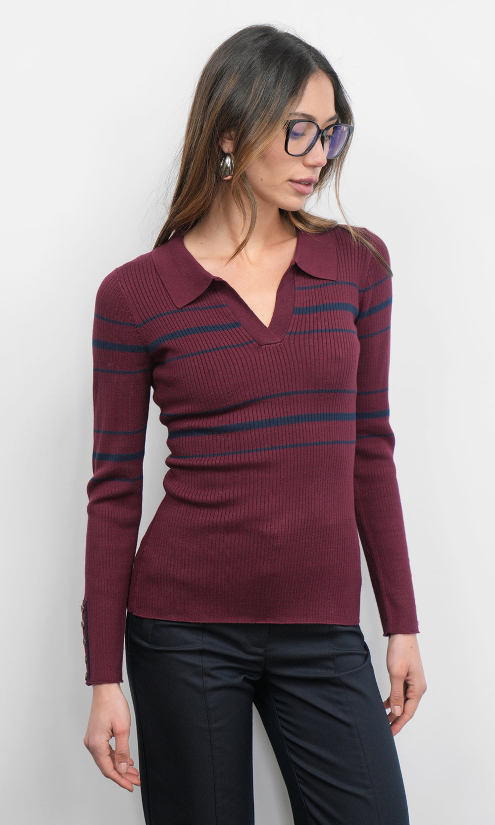 Elena Striped Polo Knit Top