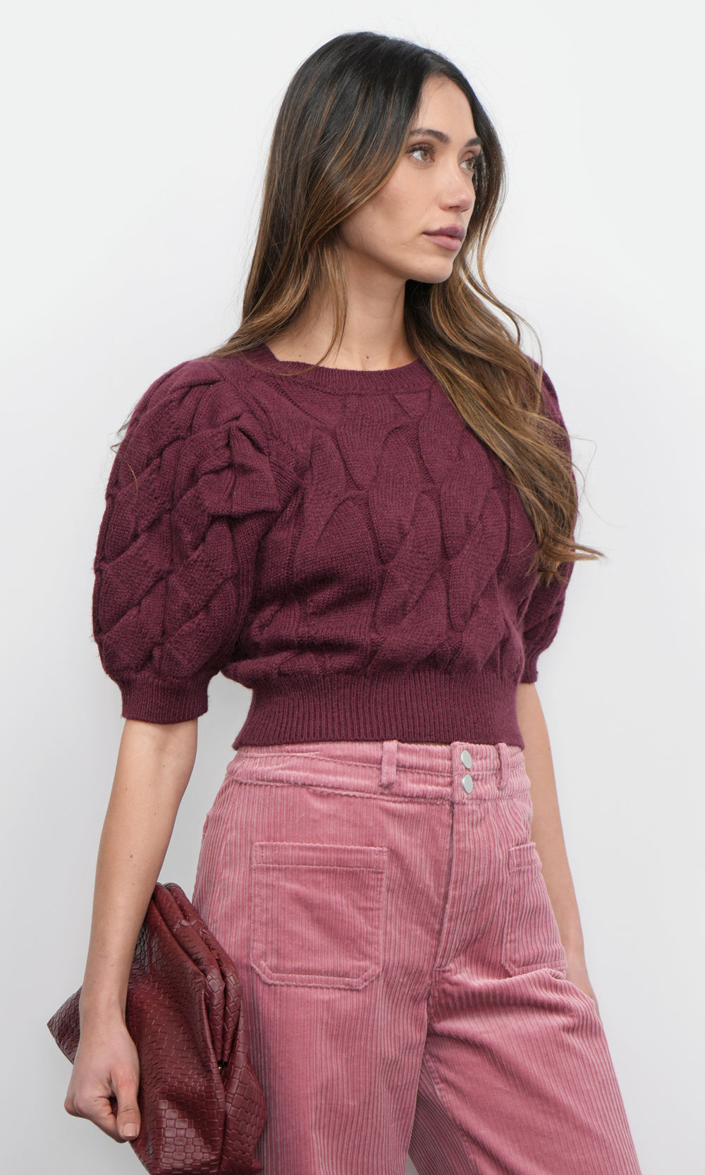 Hallie Cable Knit Puff Sleeve Sweater Top | Greylin Collection