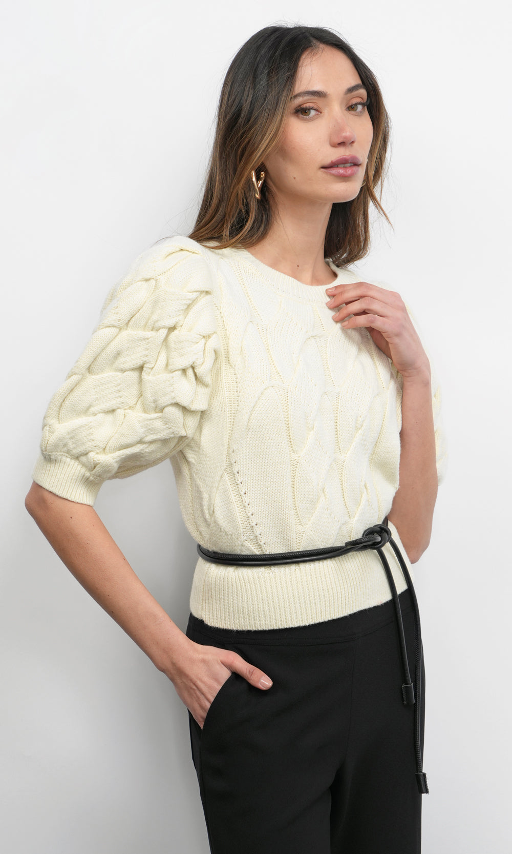 Hallie Cable Knit Puff Sleeve Sweater Top