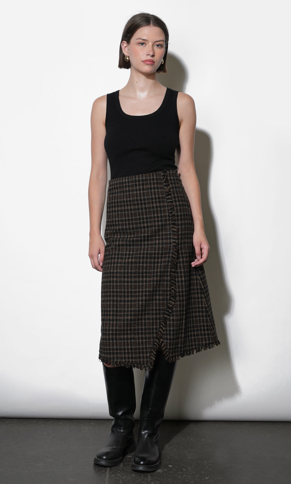 Brighton Asymmetric Plaid Fringe Skirt Midi Skirt | Greylin Collection