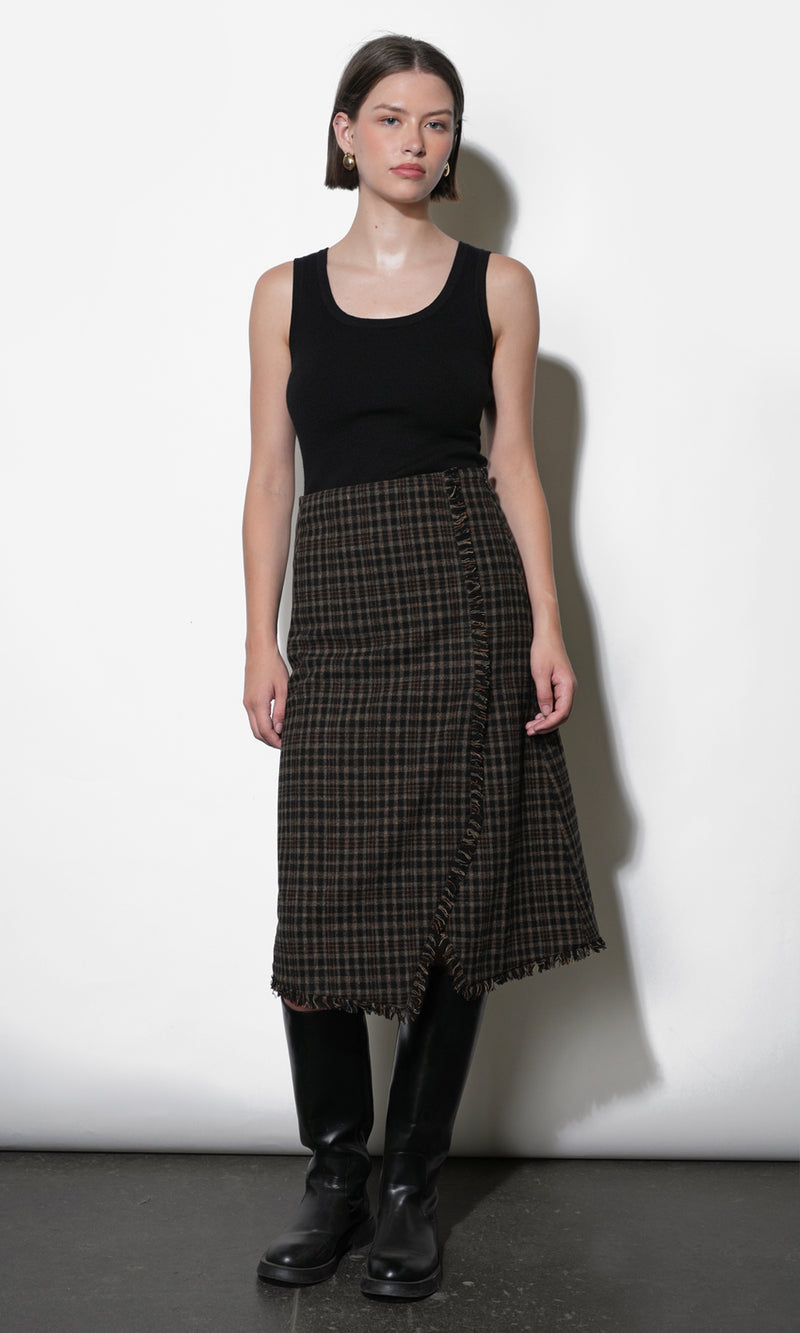 Brighton Asymmetric Plaid Fringe Skirt Midi Skirt