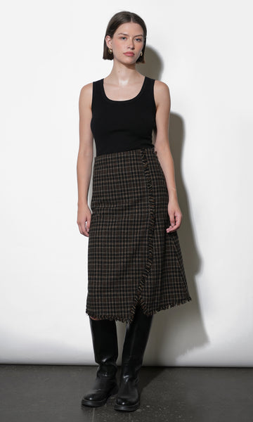 Brighton Asymmetric Plaid Fringe Skirt Midi Skirt | Greylin Collection