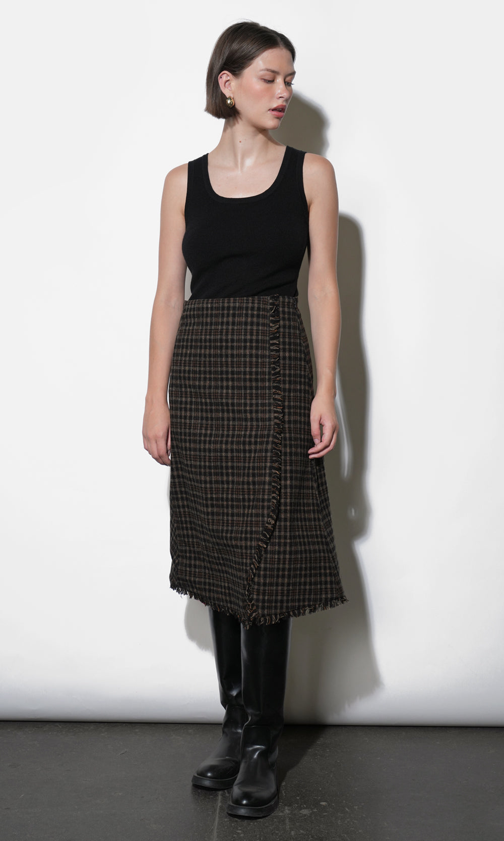 Brighton Asymmetric Plaid Fringe Skirt Midi Skirt | Greylin Collection
