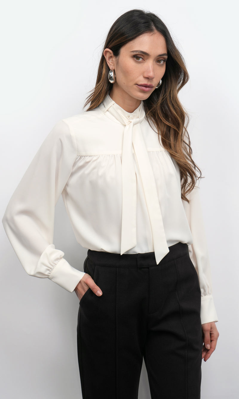 Cameron Button Up Neck Tie Blouse