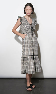 Lacey Smocked Tie Front Plaid Midi