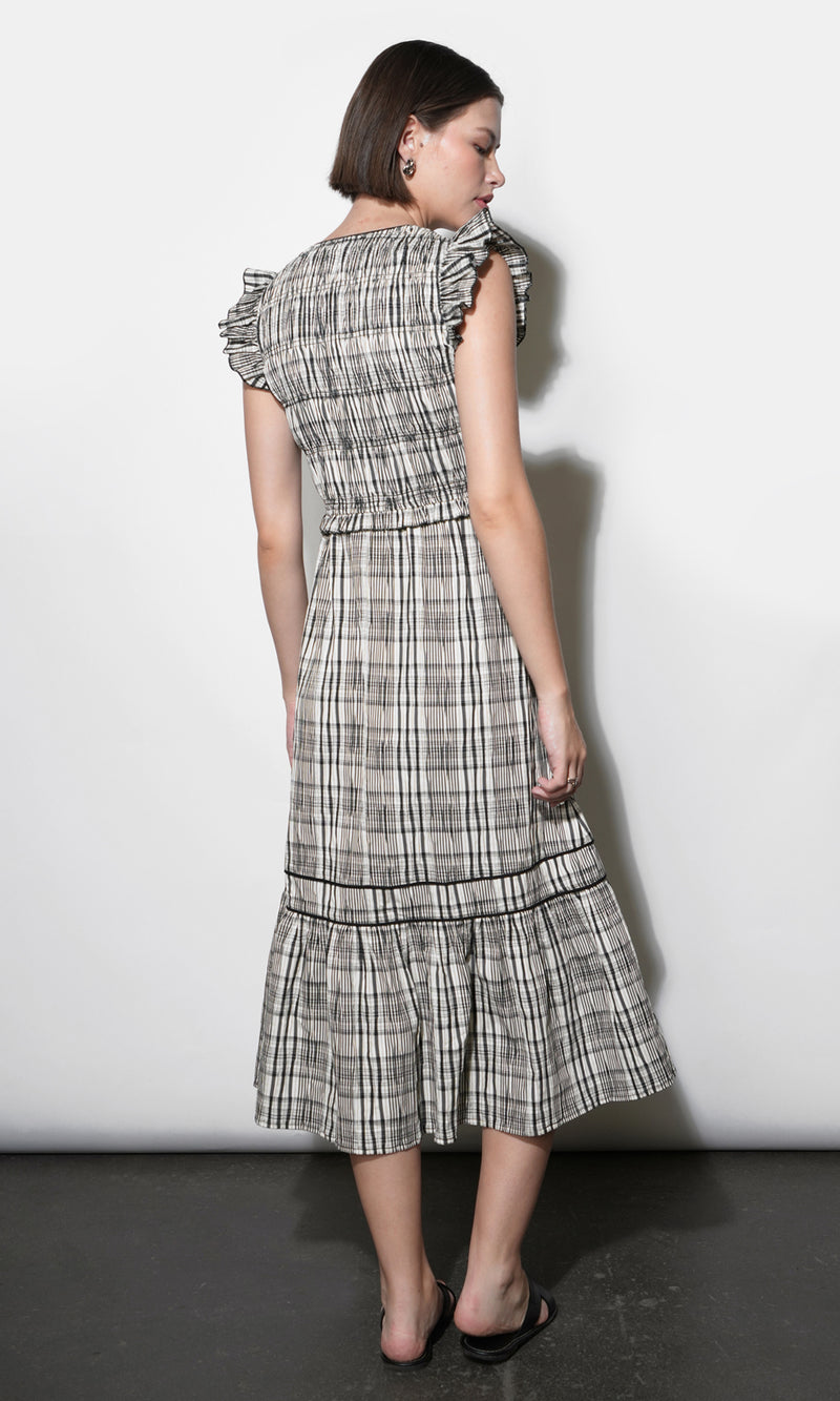 Lacey Smocked Tie Front Plaid Midi