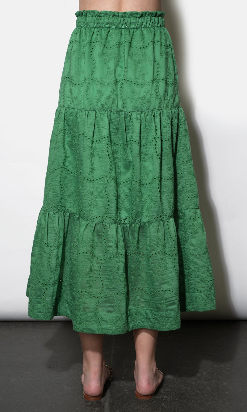 Ulyssa Button Front Embroidered Midi Skirt