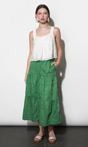 Ulyssa Button Front Embroidered Midi Skirt