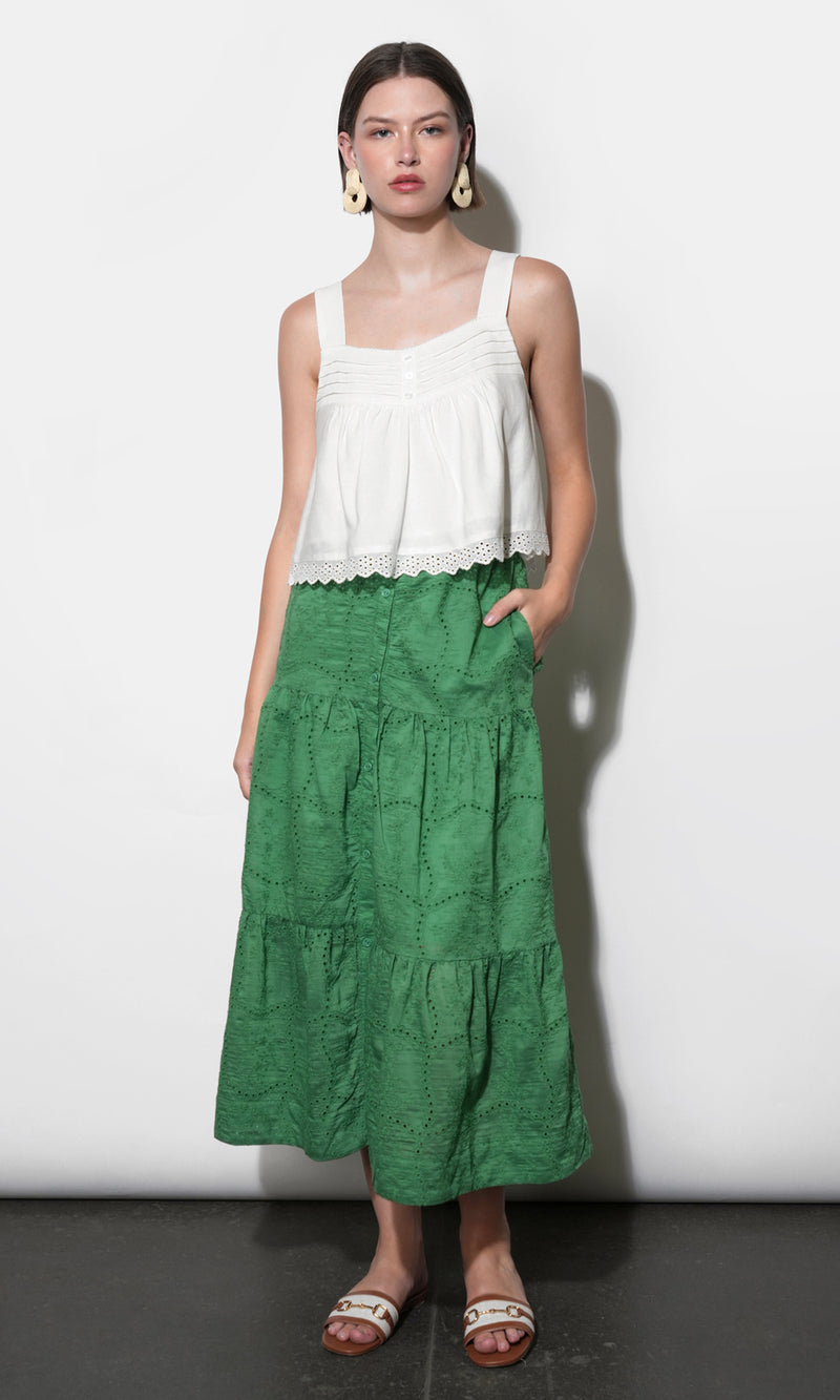 Ulyssa Button Front Embroidered Midi Skirt