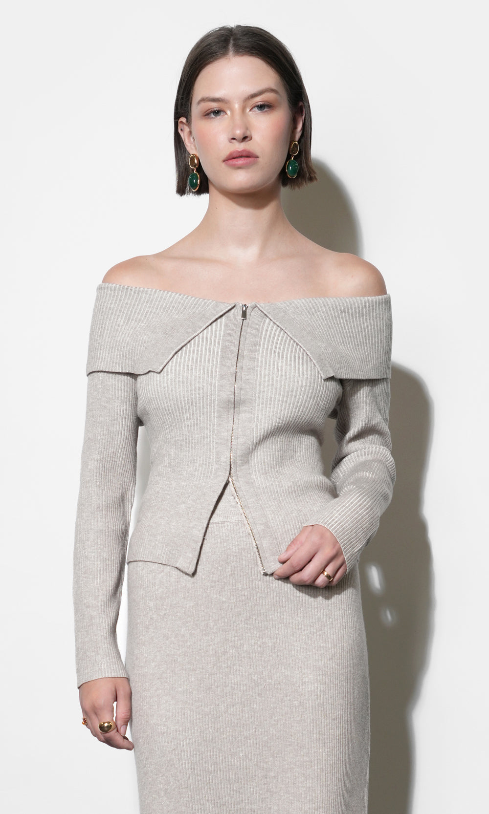 Hazel Off Shoulder Zip up Knit Top